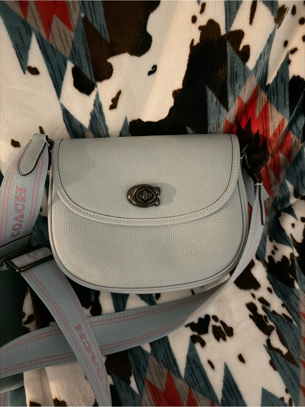 Coach Light Blue Pebbled Leather Crossbody with Branded Strap